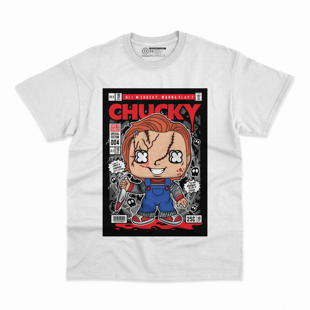 Kaos Film Horor Chucky Putih Baju Boneka Annabelle Lengan Pendek T-shirt Pop Art SAW Katun Premium H