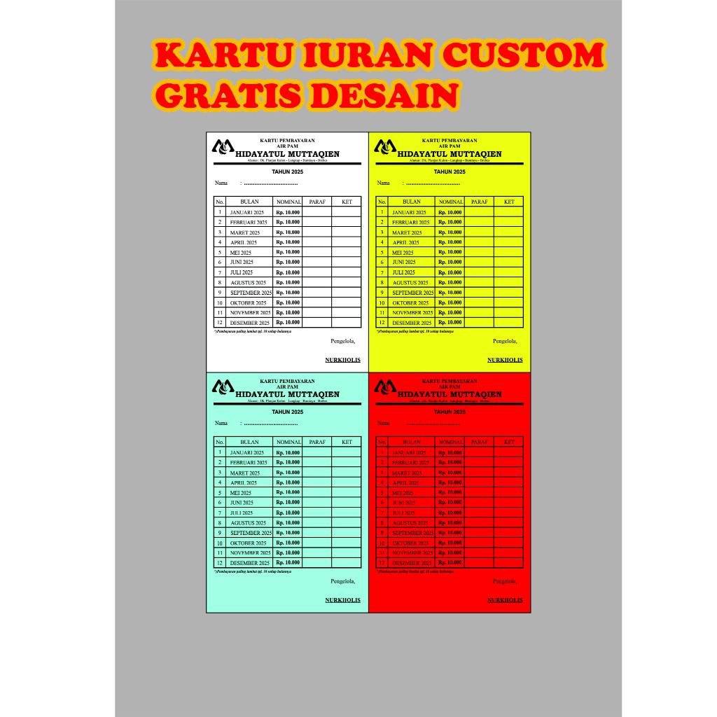 KARTU IURAN BULANAN RT/RW/PAM/ORGANISASI CUSTOM BULANAN