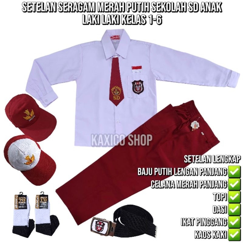 setelan seragam merah putih SD anak laki laki baju lengan panjang