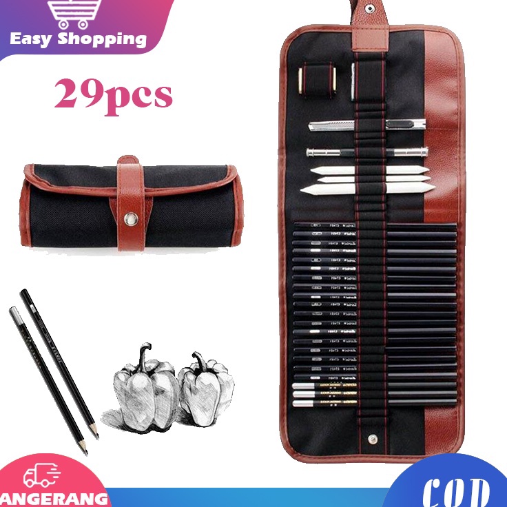 

Super Unik set 29pcs Drawing Pencil SetPensil Gambar Sketsa Pisau PenghapusDengan Pouch Serut