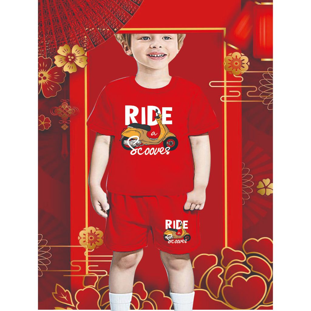 SETELAN ANAK ANAK/BAJU SETELAN ANAK ANAK/CEWEK COWOK/GAMBAR RIDE SCOOR VESPA