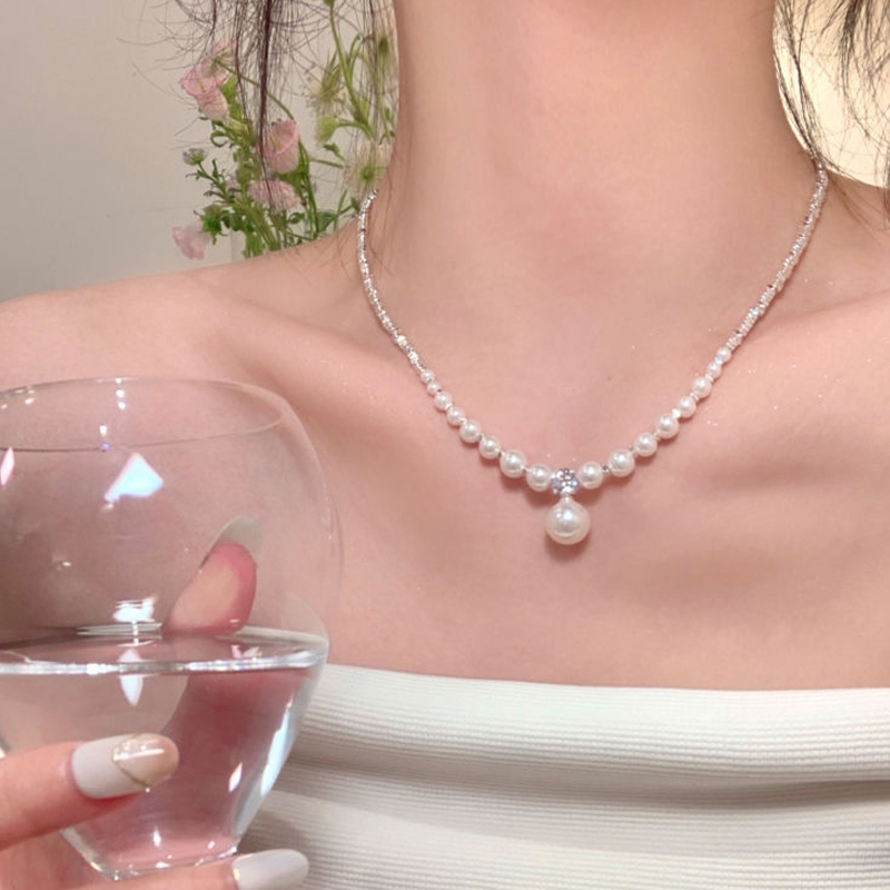 Cod Necklace Kalung Mutiara Liontin Pearl Wanita Korea Hijab Simple Aesthetic Kekinian-Yy