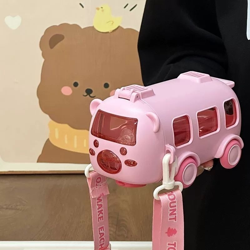WADAH MINUM TEMPAT MINUM Botol Minum Bus Anak Sekolah Karakter Lucu Sedotan Tali Panjang Viral 500ml