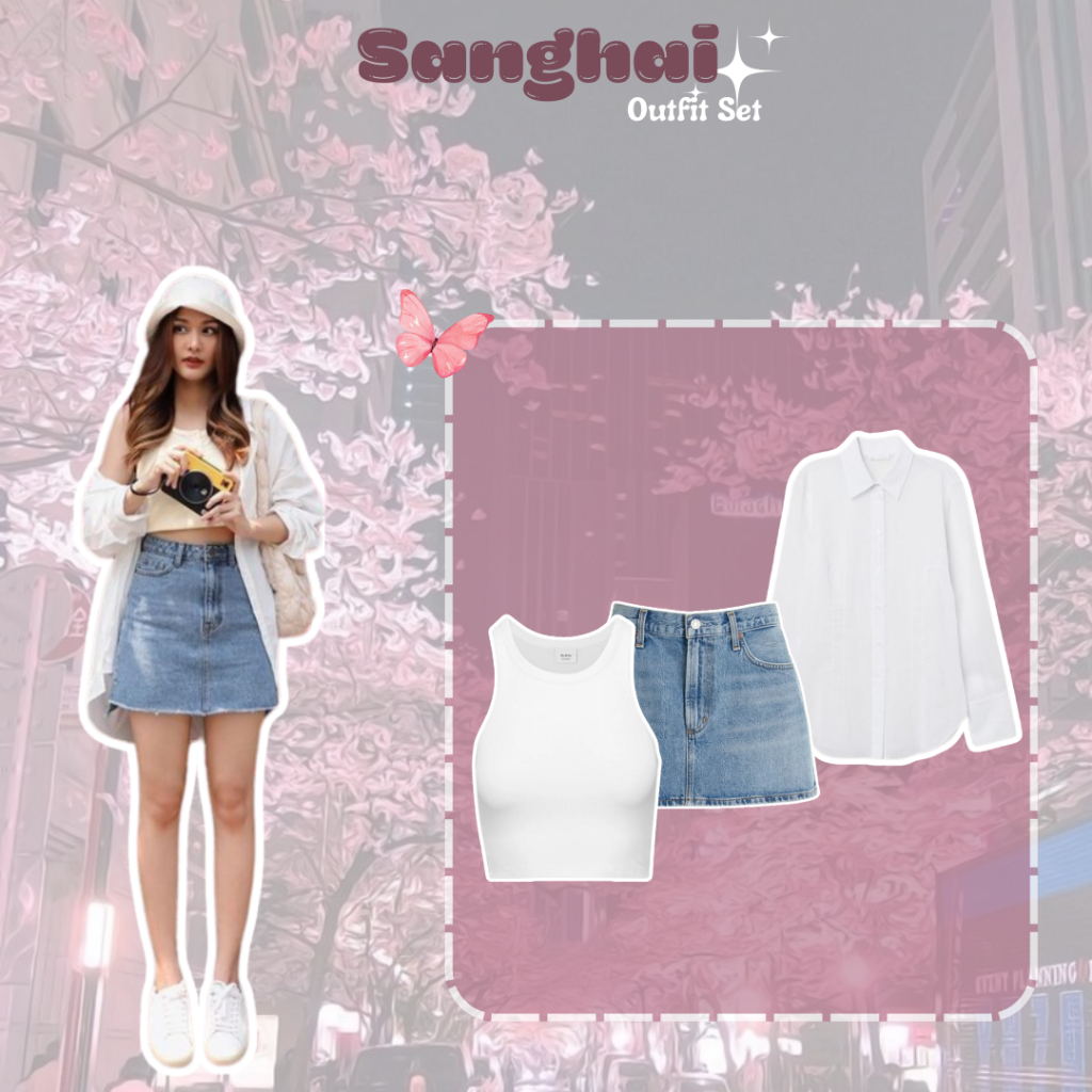 Setelan Sanghai { Kemeja Oversize Putih + Rok Jeans Pendek Biru Muda + Tanktop Putih } | OOTD Korean