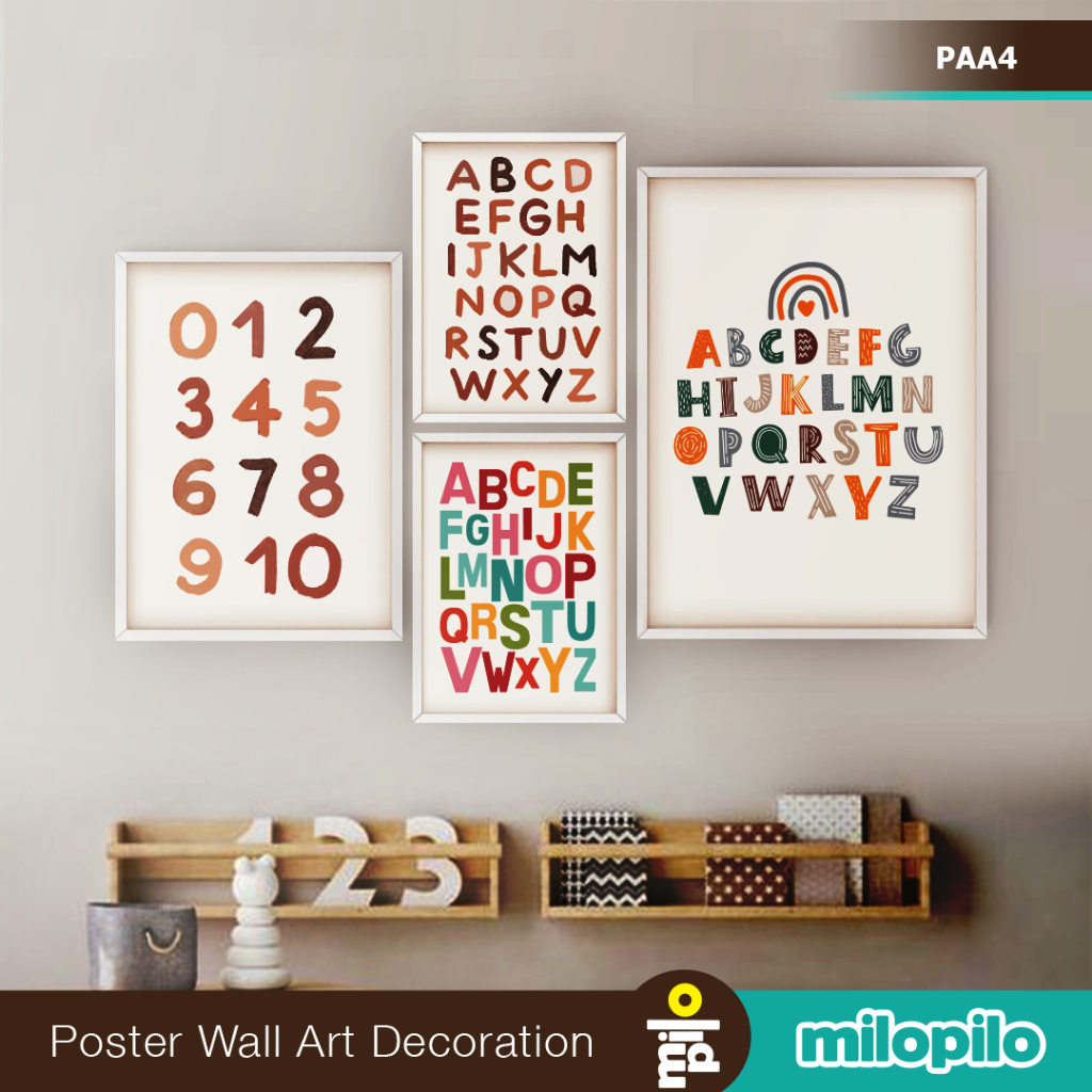 Poster Edukasi Anak, Tema Angka, Nomor, Huruf Alphabet dan Huruf Hijaiyah Islami