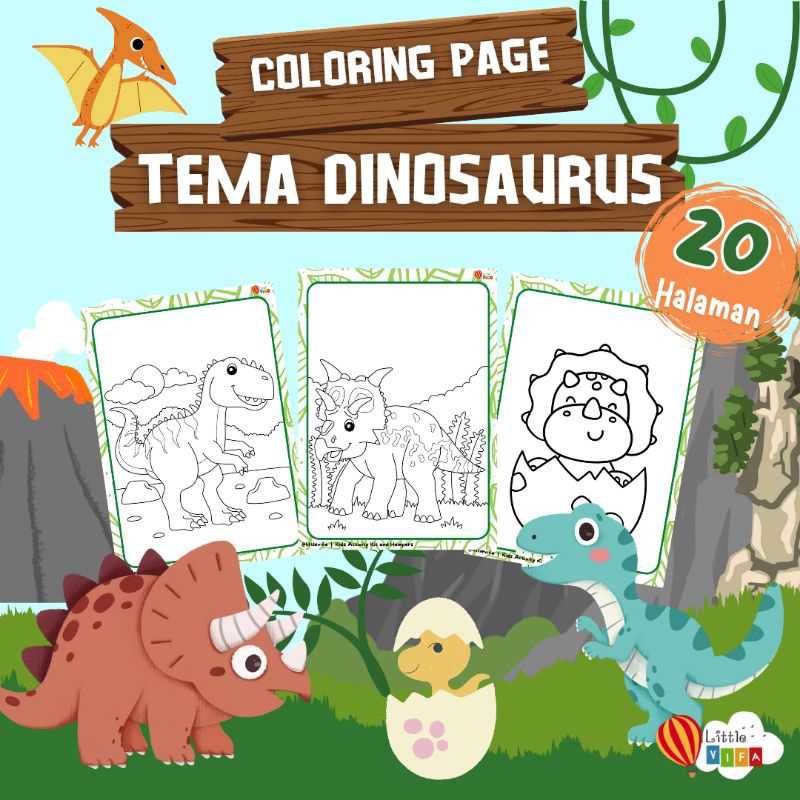 Lembar Mewarnai Tema Dinosaurus 20 lembar kertas tebal