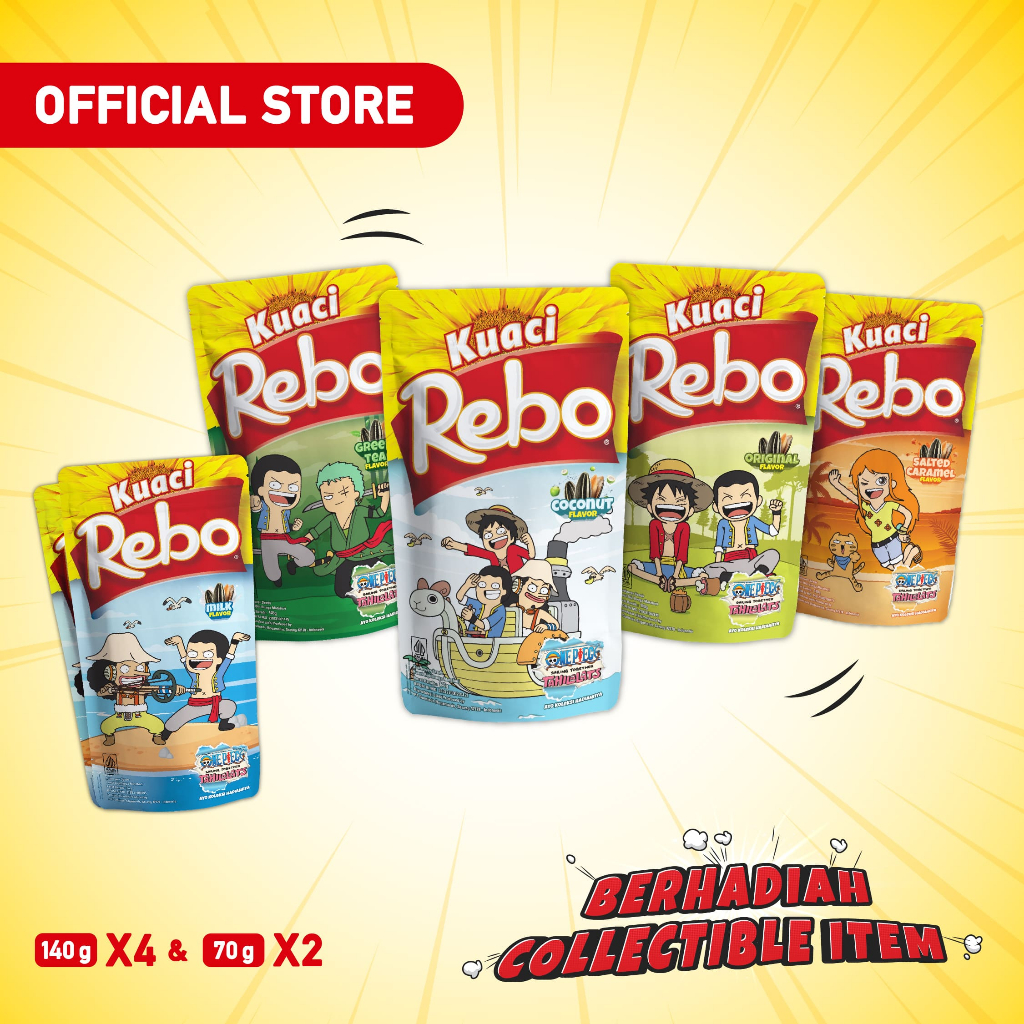 

Rebo Kuaci x One Piece Bundling 6 PCS - Rasa Original, Green Tea, Caramel & Coconut 140 Gram & Milk 70 Gram