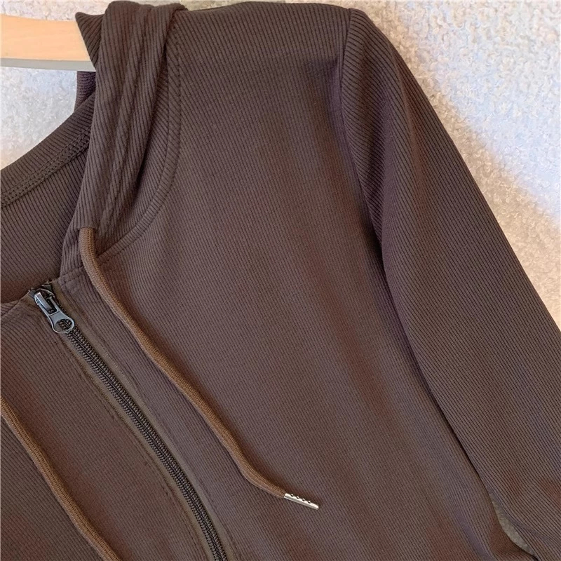 TERBARU Sweater Hoodie Resleting Ganda Coklat Modis Atasan Fashion Wanita Gaya Korea