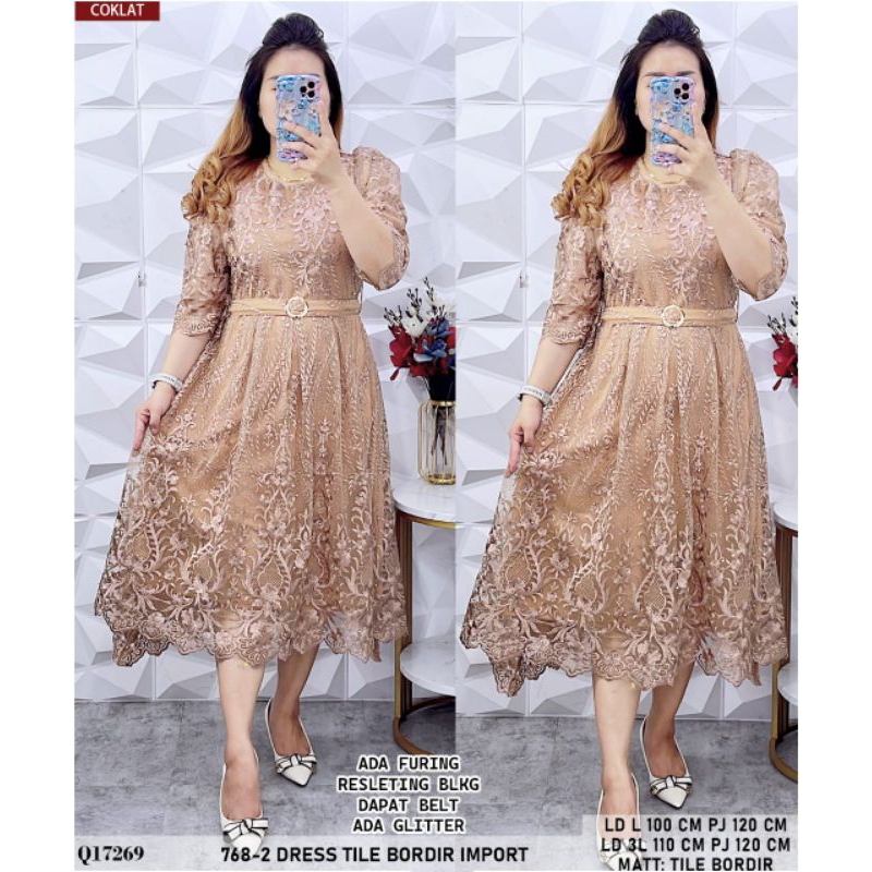 Dress brokat tile mocca coksu dan hijau lime cantik