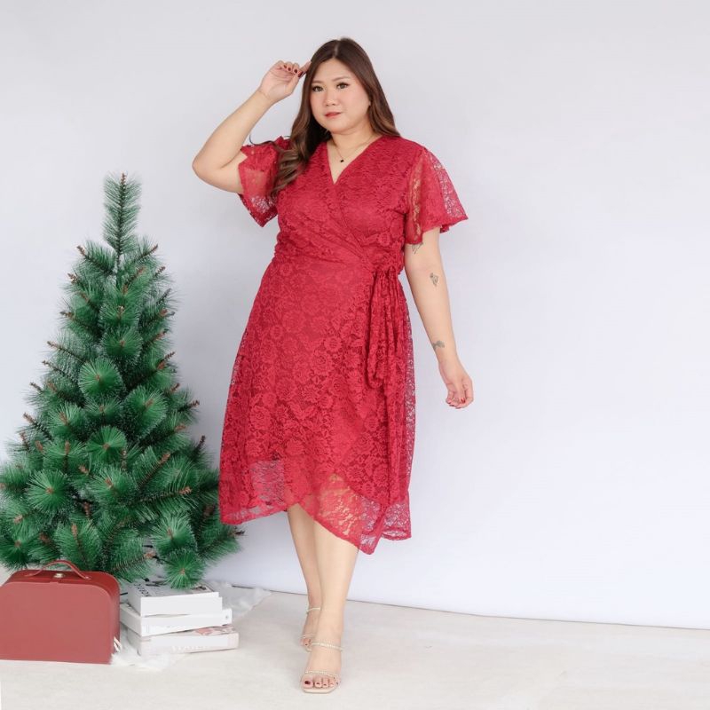 dress brokat jumbo bigsize merah maroon