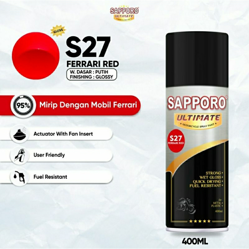 #MAU# Cat Semprot Sapporo Ultimate S27 Ferrari Red 400ml Merah Ferrari Cat Spray Duco Sapporo Merah 