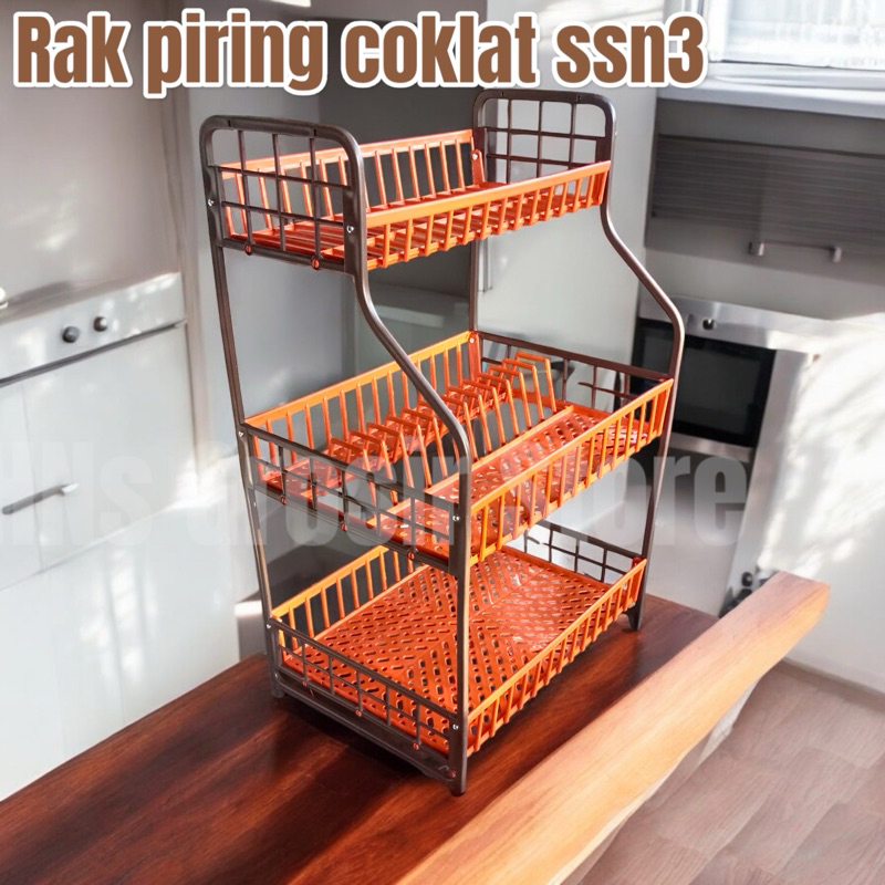 Rak piring coklat susun 3 plastik bisa tempel dinding
