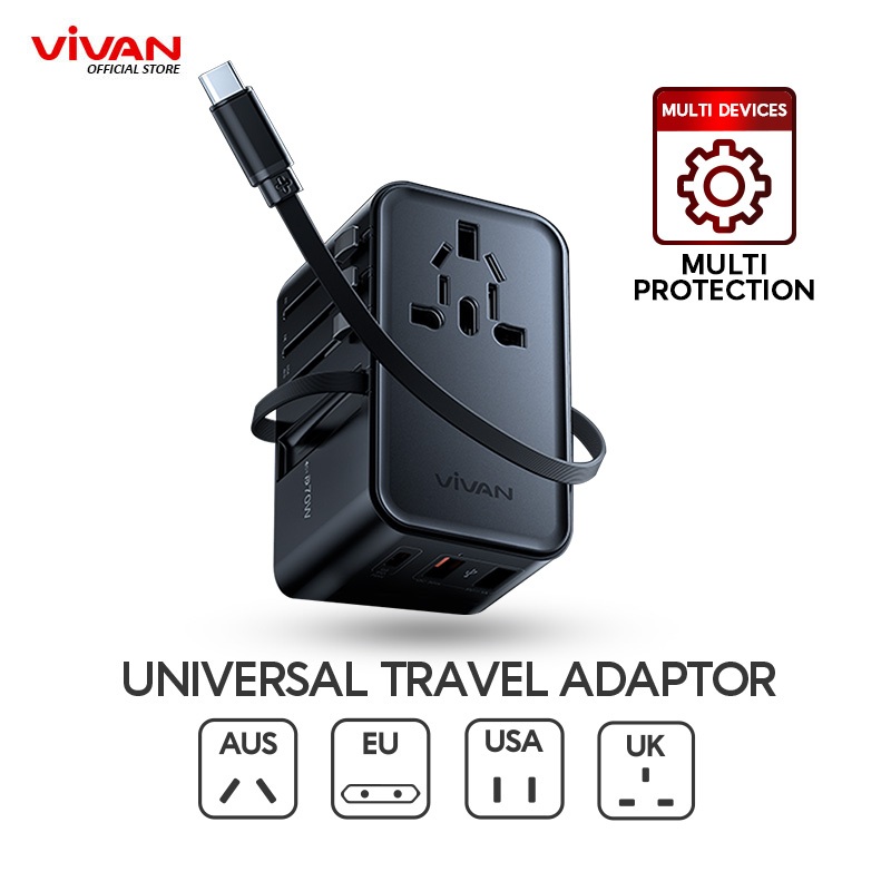 VIVAN Travel Adaptor VPS-T006A | 70W GaN 10A PD QC 3.0 | Retractable Cable Type C | 5 Output - Garan