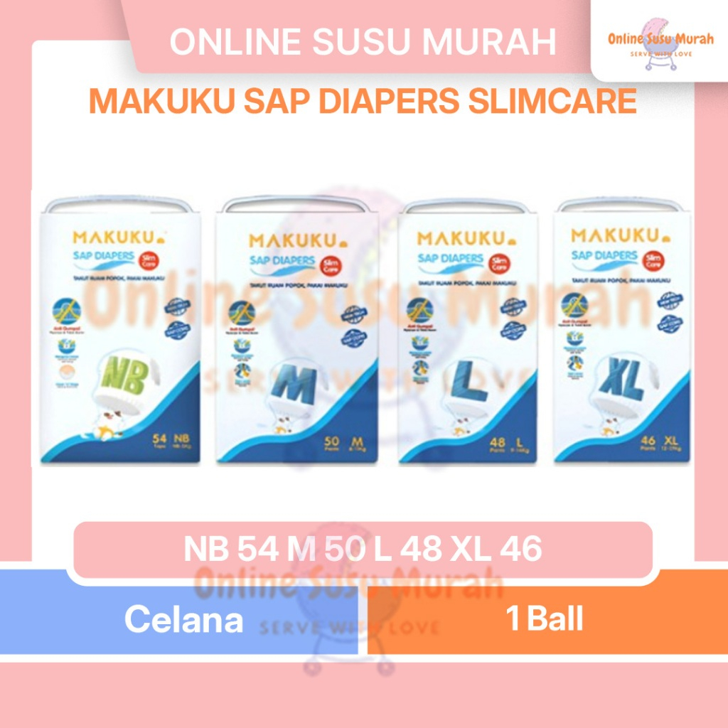 MAKUKU DIAPERS SLIMCARE PANTS NB54 M50 L48 XL46 POPOK CELANA SLIM CARE NB 54 M 50 L 48 XL 46 PPKS