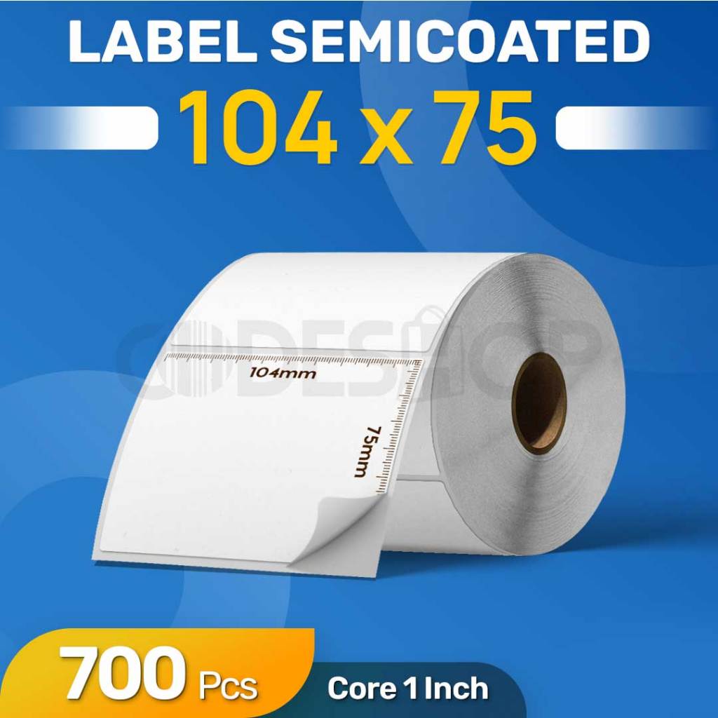

Kertas Sticker Label Printer Barcode SEMICOAT 104mmX75mm Core Kecil 104x75mm Isi 700 pcs