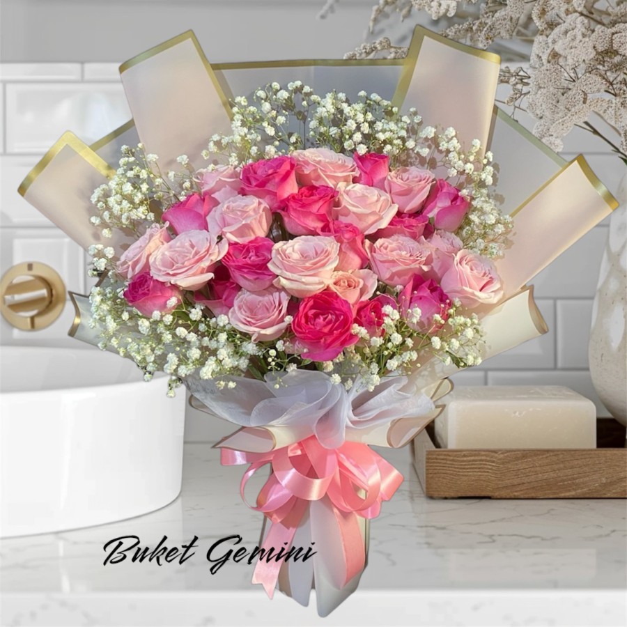 Buket Bunga Mawar Pink Mix Fresh Asli, Buket Bunga Mawar Fresh, Buket Bunga Mawar Asli, Buket Pernik