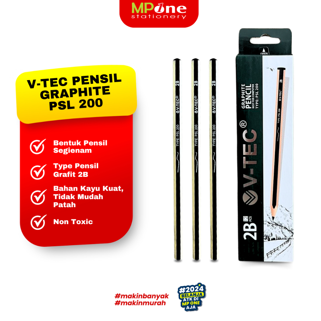 

(1 KOTAK) V-Tec Pensil Kayu Graphite 2B PSL-200 Motif Salur / Pensil Ujian 2B Isi 12 Pcs V-Tec