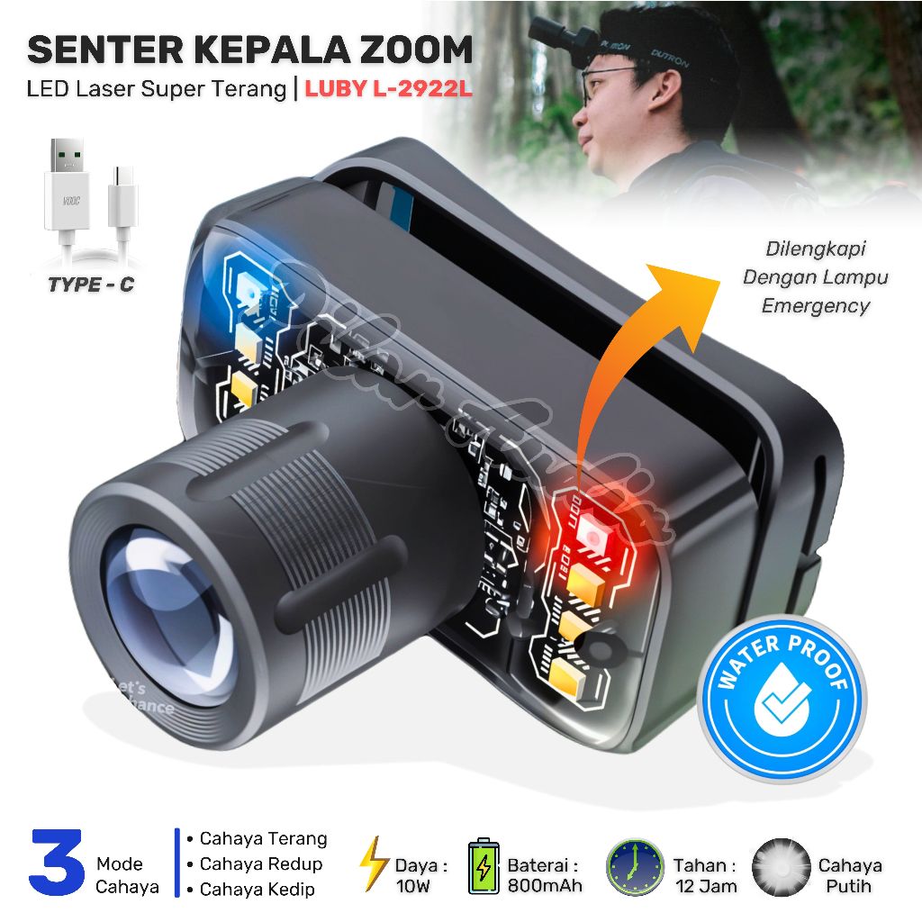 Senter Kepala Zoom Luby L-2922L 10Watt | Headlamp Led Laser Cahaya Putih Super Terang + Emergency Ta
