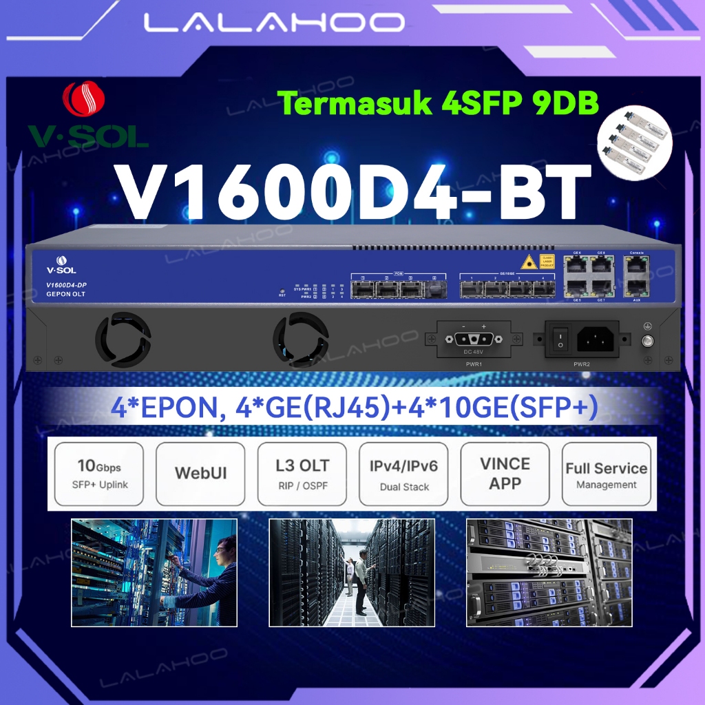 VSOL OLT EPON 4PON V1600D4-BT Support 256 ONU Uplink 10GE+ SFP 9DB Layer 3 Double Power AC/DC