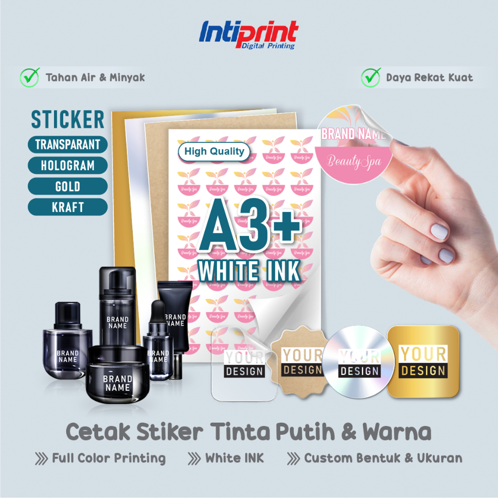 

Cetak Stiker Tinta Putih & Warna Tahan Air dan Minyak / Sticker Tranparan, Hologram, Gold, Kraft