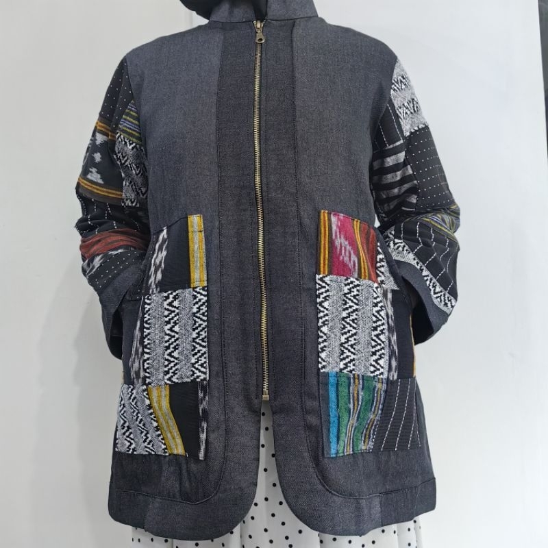 Bomber Wanita Soft Jeans Patchwork Tenun by Sacumada