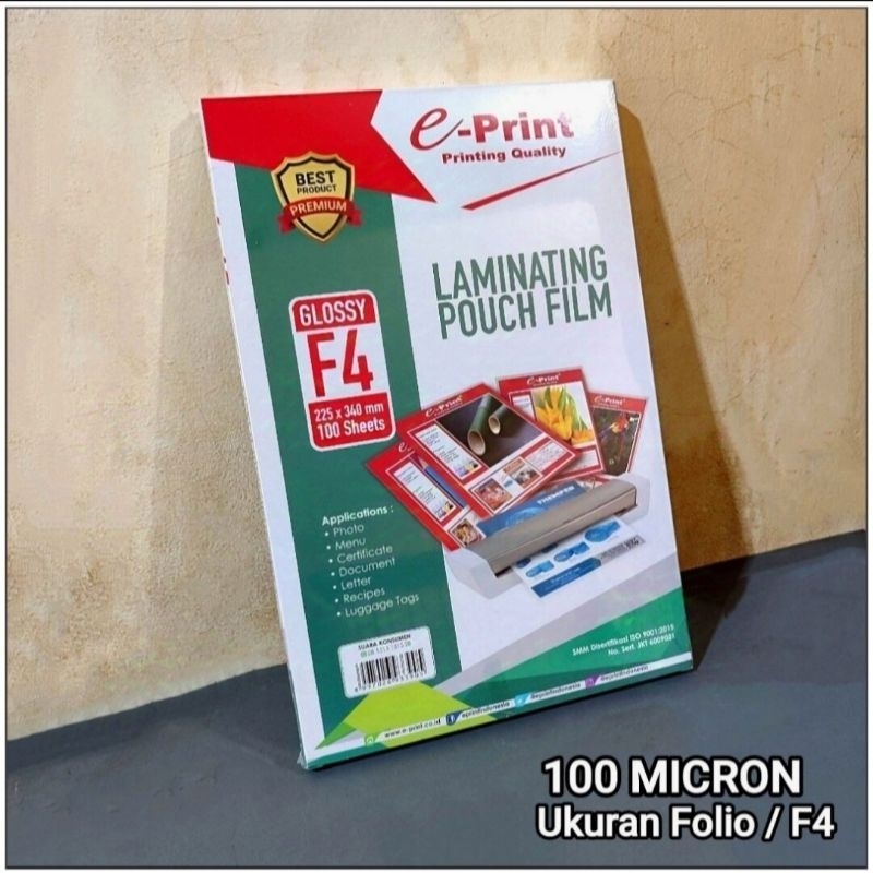 

NEW 1 Pak Plastik Laminating F4 Isi 100 Lembar EPRINT ( Packing Aman ) RBU