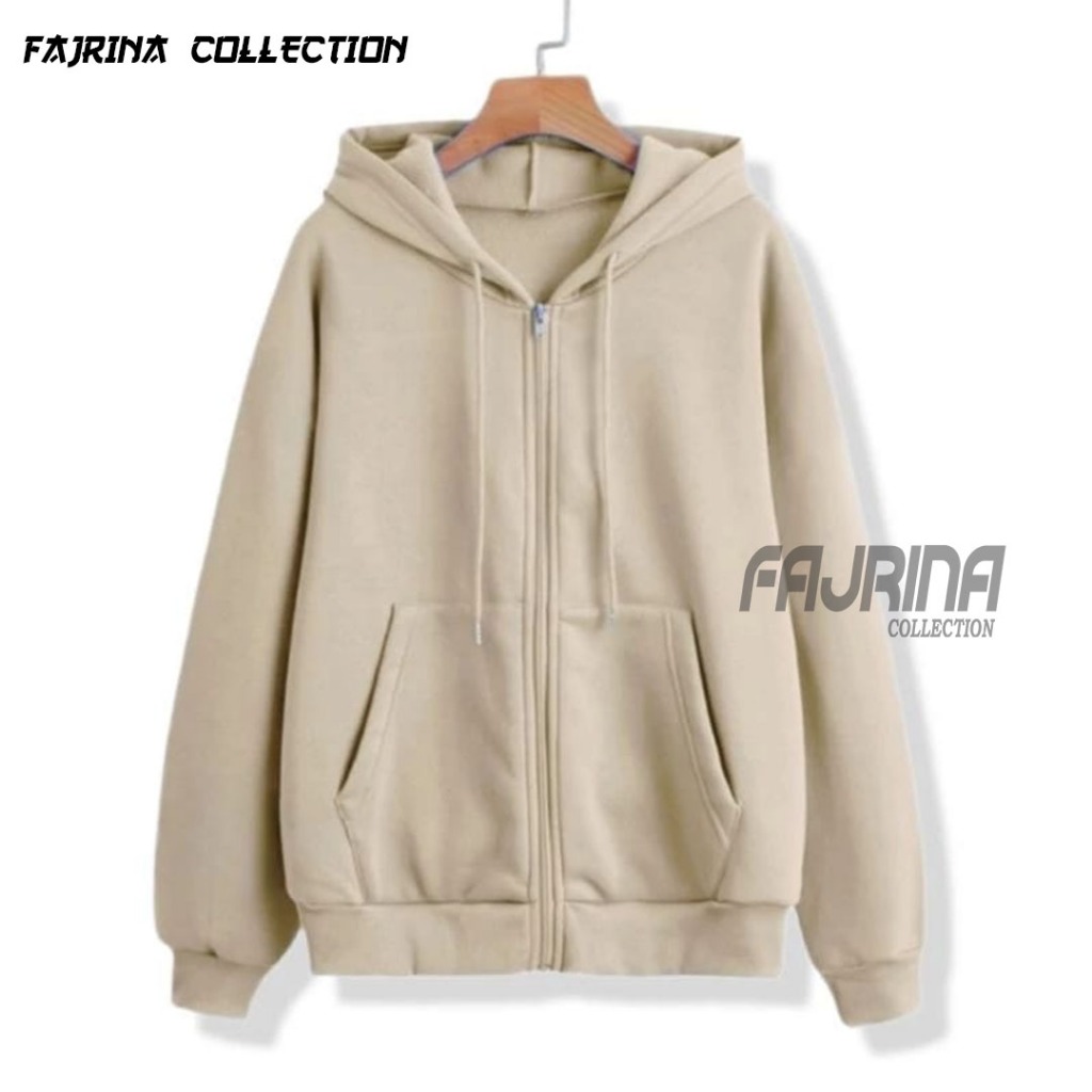 Hoodie Zipper Polos Dewasa Pria Wanita Jaket Zipper Polos Cream