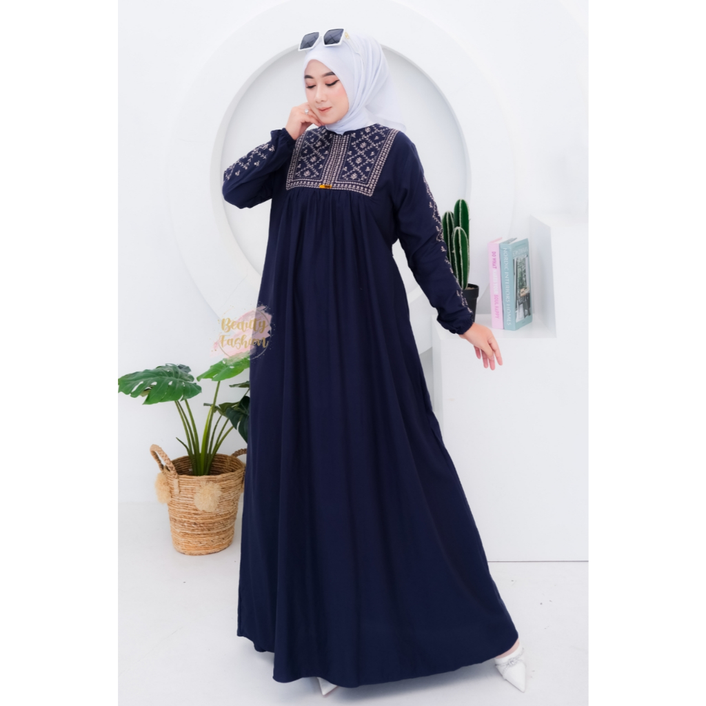 Gamis Rayon Twill Bordir Wanita KAYLA Premium Terbaru Dress Motif Model Kekinian