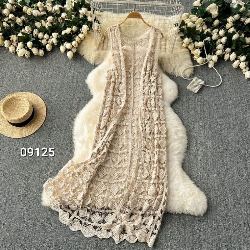 09125 Baju atasan luaran BRAVERY CROCHET SLEEVELESS CARDIGAN OUTER panjang rajut putih krem Korean s