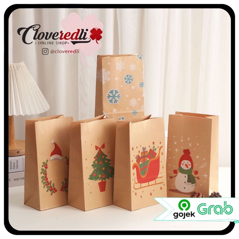 

kantong kado natal, Paper Bag Coklat Motif Natal , Paper Pouch Christmas Gift Bag, Kertas Natal, Goodie Natal