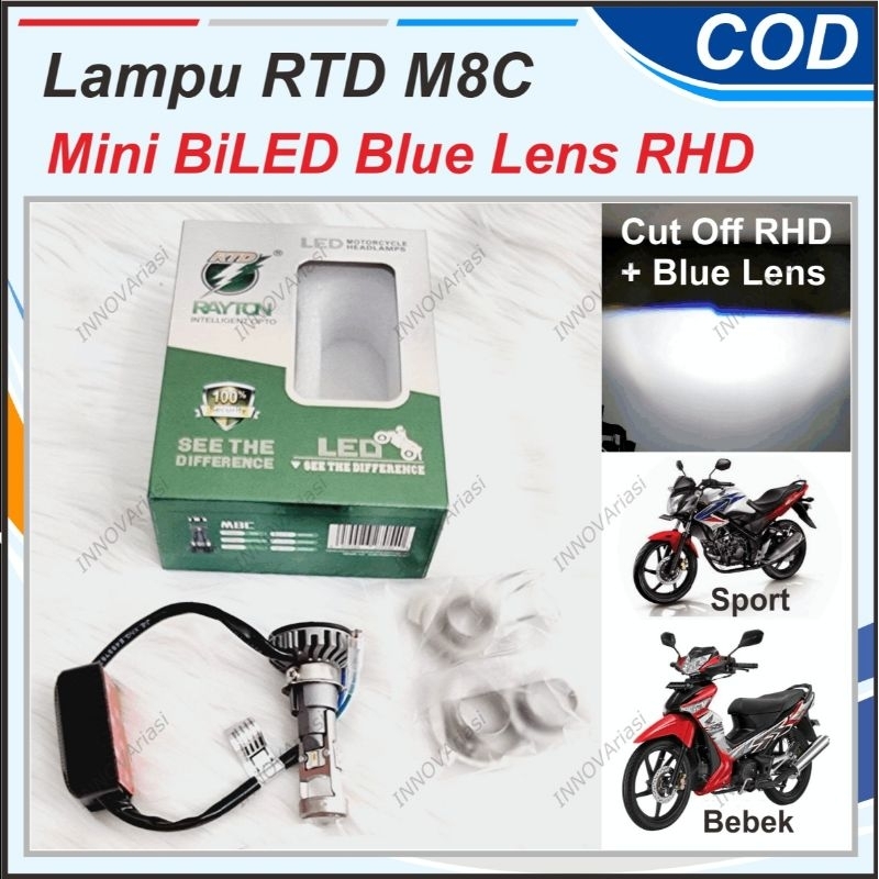 LAMPU UTAMA DEPAN RTD M8C MINI PROJI RASA BILED MOBIL MOTOR 35W BLUE LENS CUT OFF RHD H4 H6 H7 SUPER