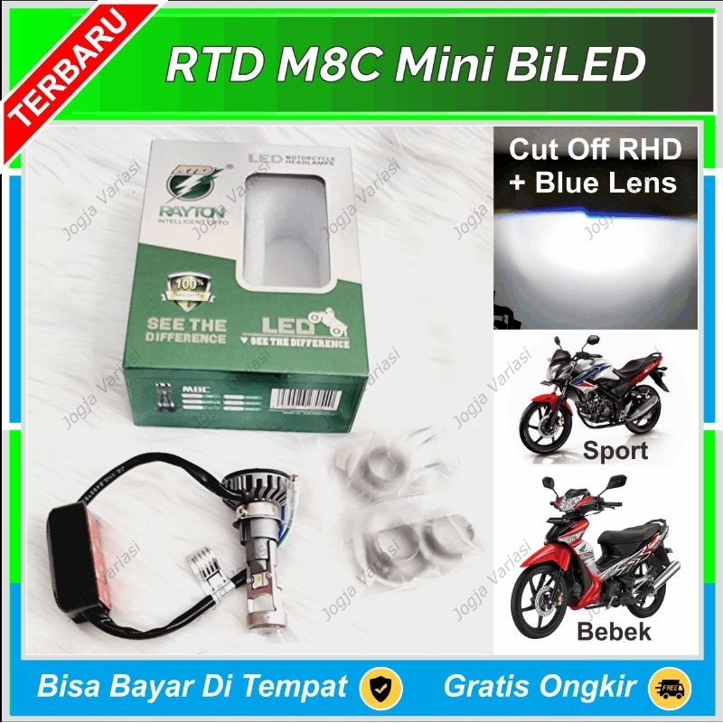 LAMPU UTAMA DEPAN RTD M8C MINI PROJI RASA BILED MOBIL MOTOR 35W BLUE LENS CUT OFF RHD H4 H6 H7 SUPER