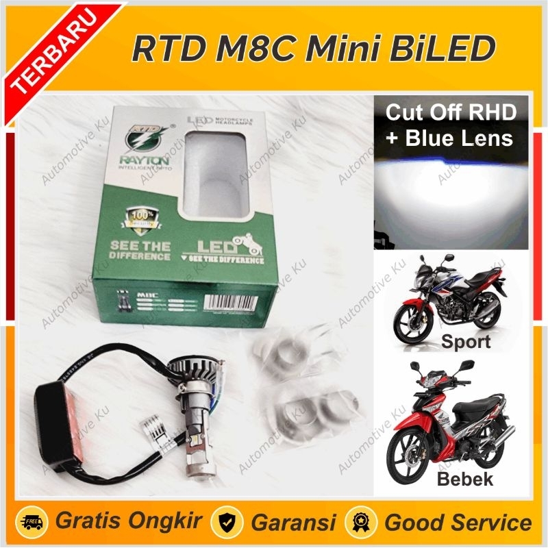 LAMPU UTAMA DEPAN RTD M8C MINI PROJI RASA BILED MOBIL MOTOR 35W BLUE LENS CUT OFF RHD H4 H6 H7 SUPER
