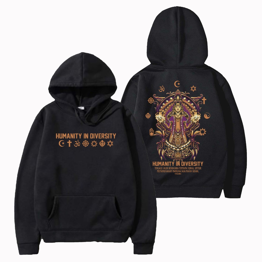 Yinyanks Sweater Pullover Hoodie pluralisme Humanity in diversity warna hitam unisex
