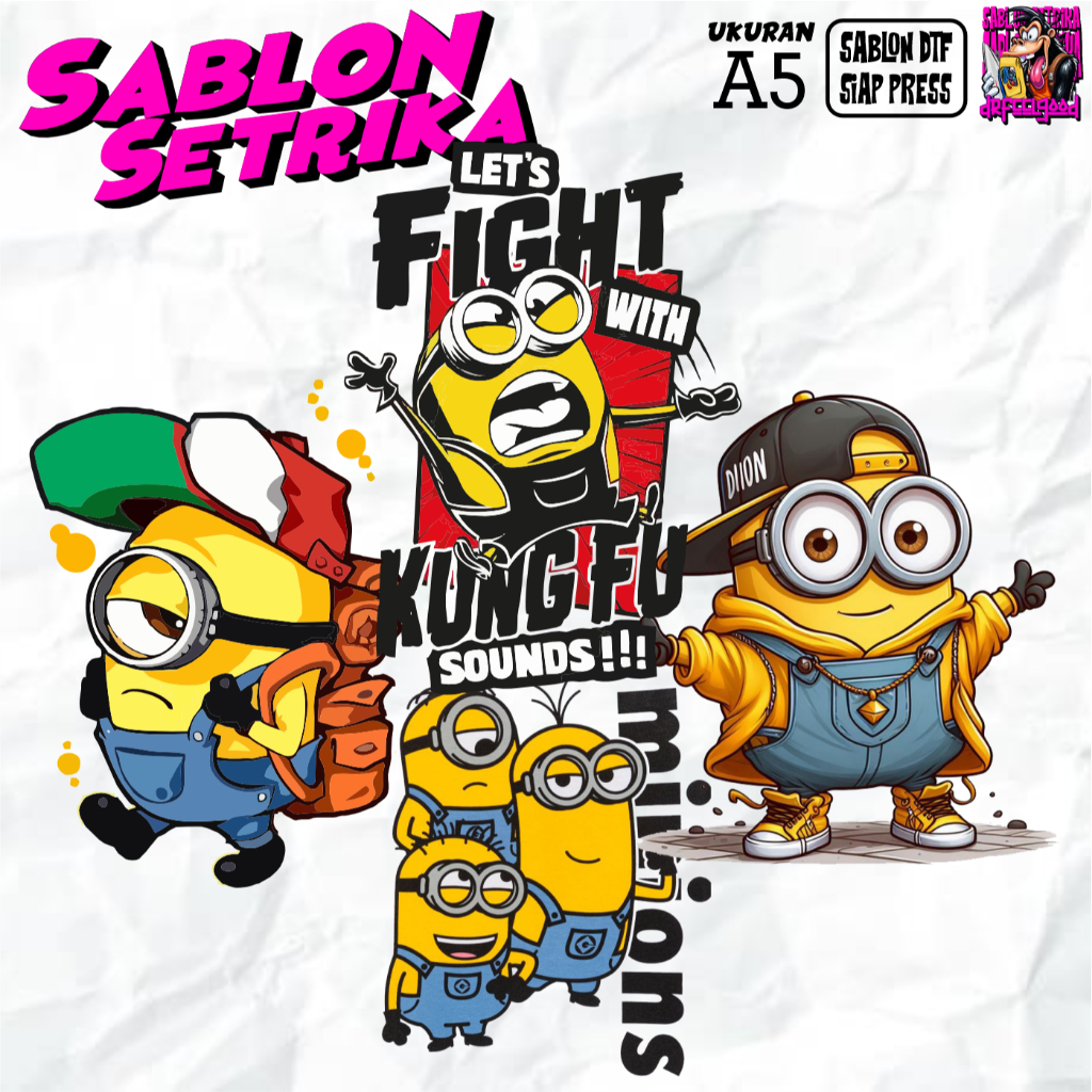 

STIKER DTF SABLON SETRIKA TEMA MINION V2 CHIBI LUCU KEREN TERBARU QUOTE PRINTING, SABLON PRINTING KING DTF INDONESIA