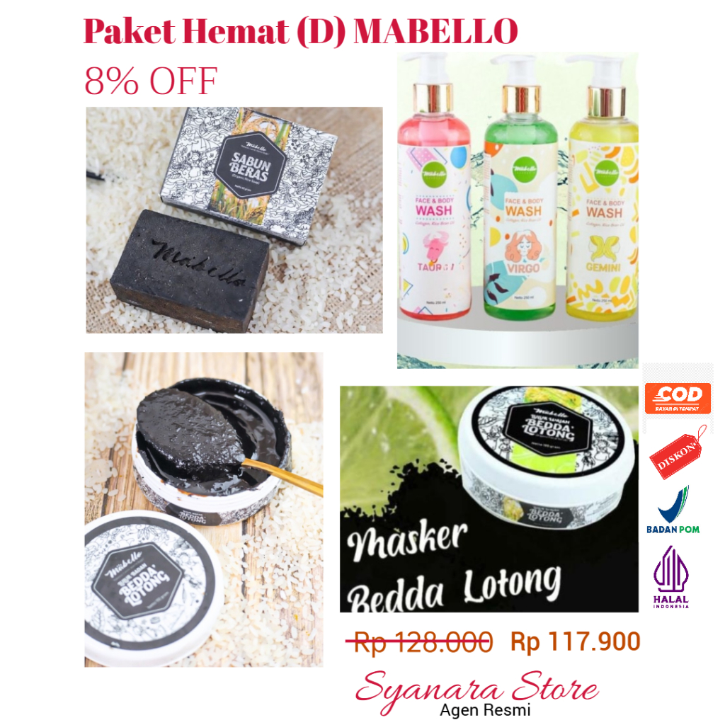 Paket Hemat (D) Mabello: Sabun beras hitam + Lulur badan ori +  Sabun cair + Masker wajah ori