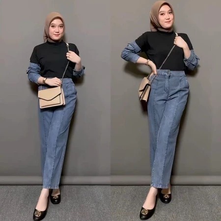Setelan Wanita Terbaru Import Jian Set WD Size M L XL XXL LD 100-120 CM Bahan Jeans Mix Babyterry Ba