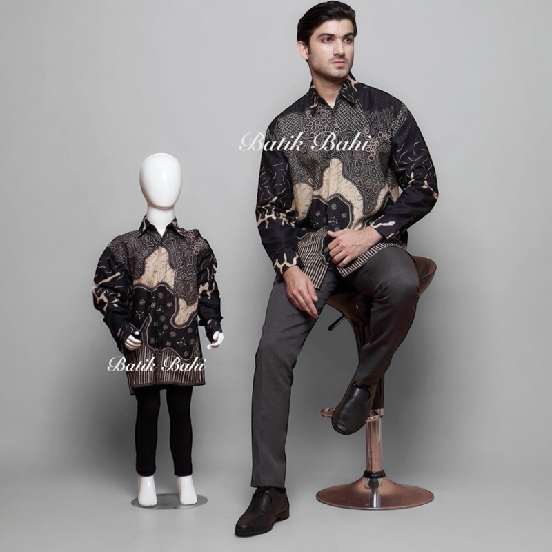 Kemeja Batik Warna HItam Cream Motif RAJA AMPAT Couple Ayah dan Anak Lapisan Furing Katun Hero