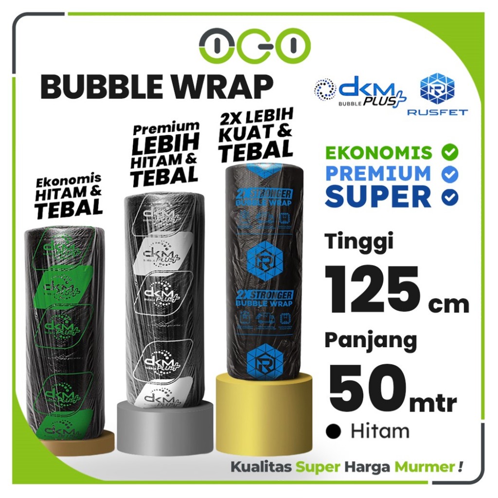 

Bubble Wrap Roll Warna Hitam 125cm x 50meter Merek DKM dan RUSFET/ Plastik Buble Packing Gelembung