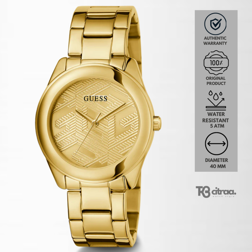 Jam Tangan Wanita Guess Cubed Ladies Gold Pattern Dial Stainless Steel Mewah Casual Original GW0606L