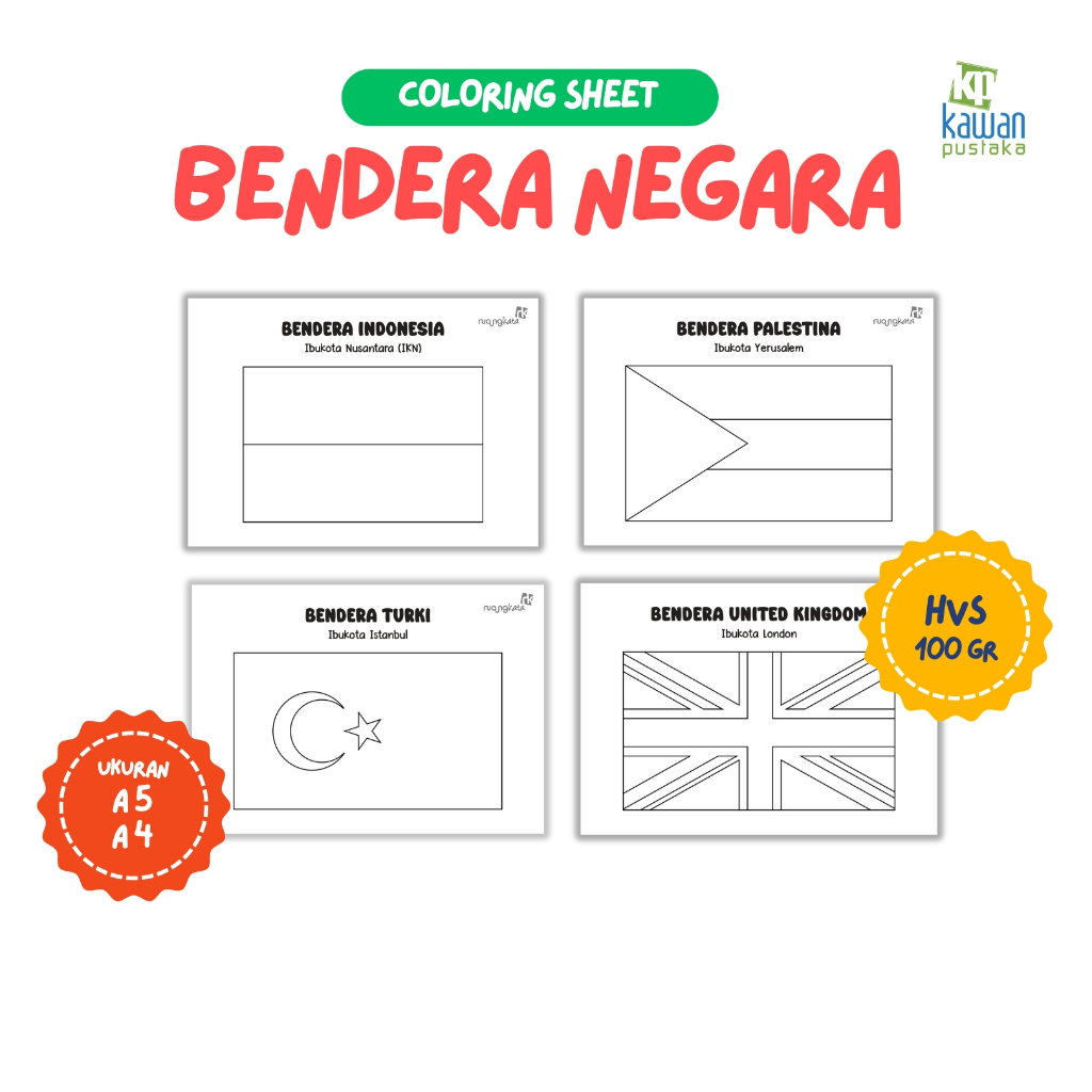 

Kawan Pustaka - Lembar Mewarnai/Kertas Mewarnai/Coloring Sheet - Tema Bendera Negara - Ukuran A4 & A5 - Kertas HVS Tebal 100 gram