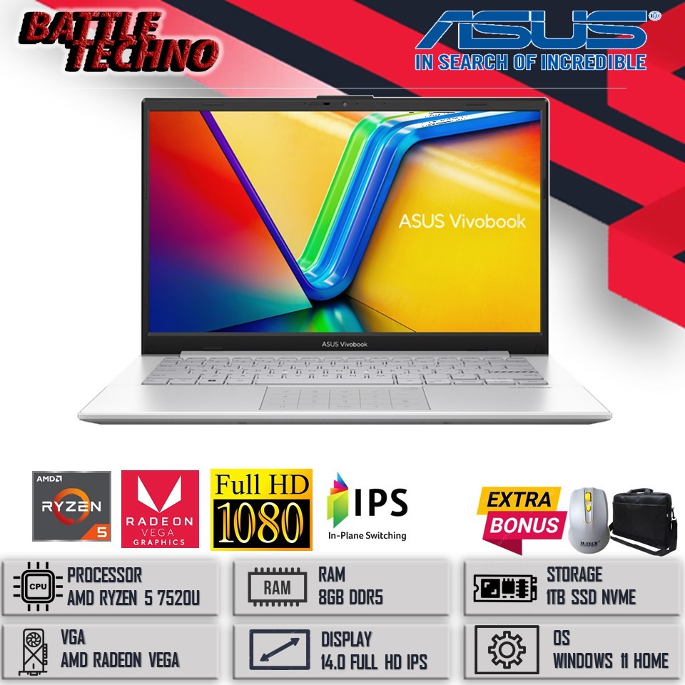 Laptop Slim Terbaru Asus Vivobook GO 14 E1404FA Amd Ryzen 5 7520U 8GB 512GB Radeon 610M 14.0 FHD BL 