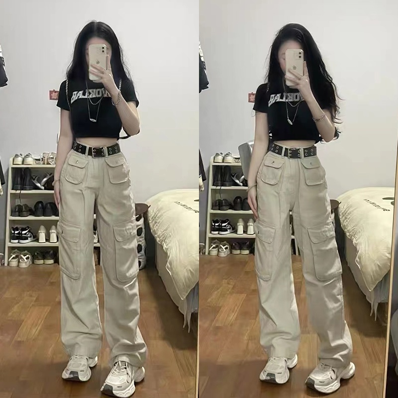 Overall Putih Pinggang Tinggi Gaya Amerika Untuk Wanita/Celana Cargo Panjang Wanita Terbaru  Wanita/