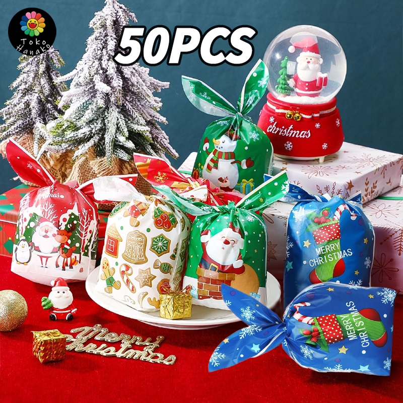 

[50pcs] Plastik Serut / Plastik Bingkisan / Merry Chrimast Terbaru 2025 Plastik Telinga Kelinci Santa Clause Plastik Permen Snack