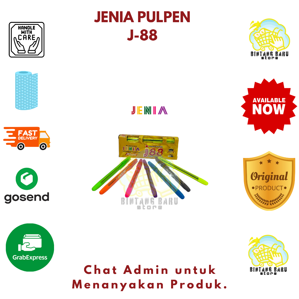 

[HARGA 1 BOX] JENIA - PULPEN SEMI GEL - TYPE J-88 - BERAGAM WARNA
