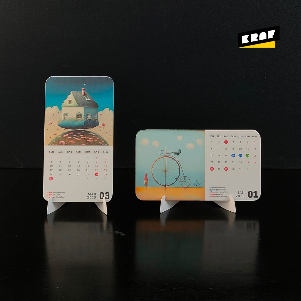 

Kalender custom estetik bahan tebal dan kokoh. Dapat memakai gambar atau foto sendiri dan dapat menambahkan event custom. Kalender meja unik dengan penyangga