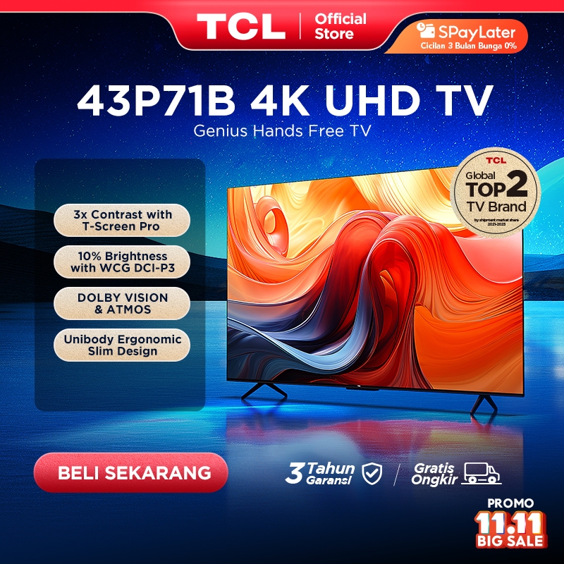 [4K Hands Free Google TV] TCL 43 Inch P71B - Smart UHD - T-Screen - HDR 10+ - Dolby Atmos/Vision - U