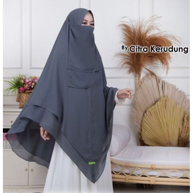 Khimar Syari Jumbo Terlaris// Jilbab Nonpad Model V Shape Free Cadar Tali  2 Layer Sewarna Terbaru//