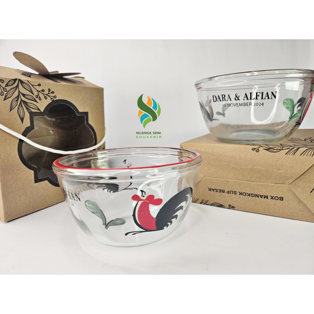 Souvenir Pernikahan Mangkuk Kaca BIB5B Ayam Jago Bening Bowl Mangkok Saji Kaca Sablon Kemas Box