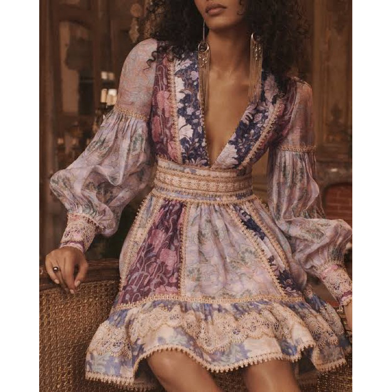 ZIMMERMANN  Celestial Crochet-Trimmed Floral-Print Linen And Silk-Blend Voile Mini Dress Size 0